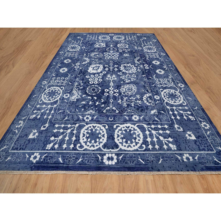 11'9" x 15'0" New Hand Knotted Blue Wool & Silk Rectangle Oriental Rug - MOA10291265