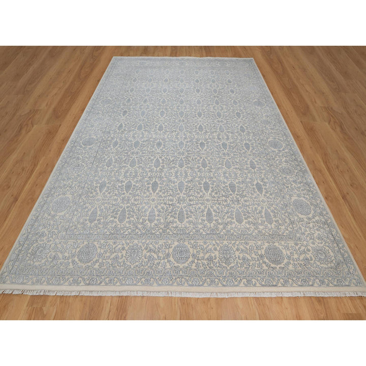 8'11" x 12'1" New Hand Knotted Ivory Wool & Silk Rectangle Oriental Rug - MOA10291353