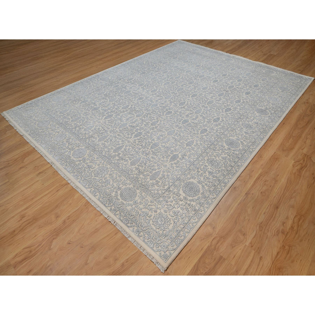 8'11" x 12'1" New Hand Knotted Ivory Wool & Silk Rectangle Oriental Rug - MOA10291353