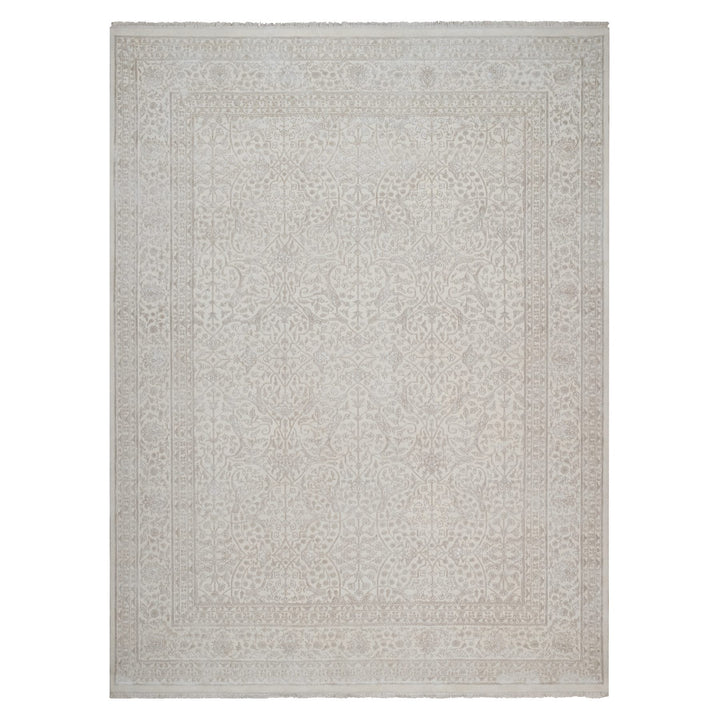 9'1" x 12'1" New Hand Knotted Ivory Wool & Silk Rectangle Oriental Rug - MOA10291365