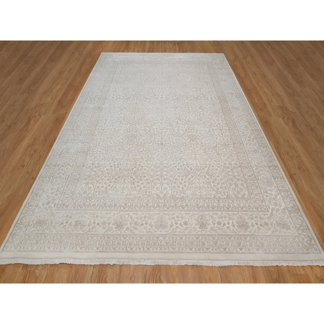 9'1" x 12'1" New Hand Knotted Ivory Wool & Silk Rectangle Oriental Rug - MOA10291365