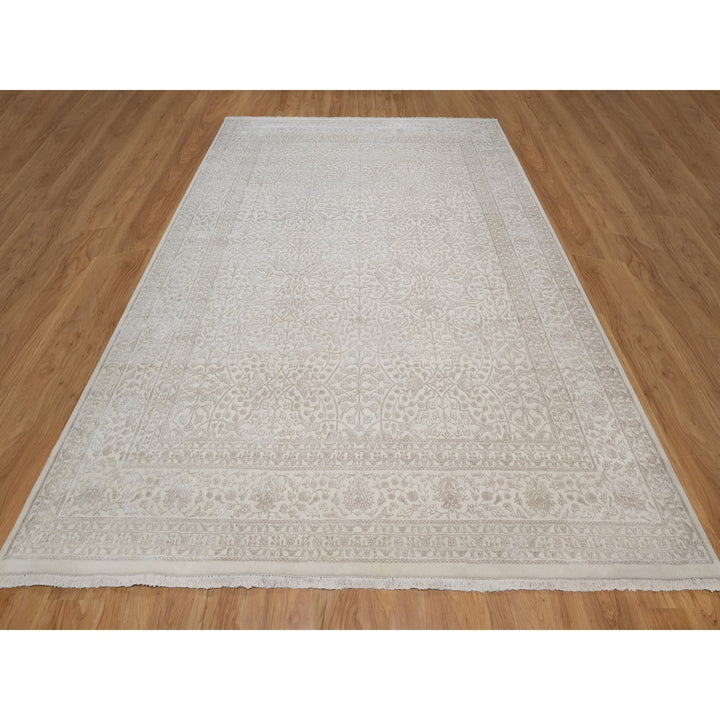 9'1" x 12'1" New Hand Knotted Ivory Wool & Silk Rectangle Oriental Rug - MOA10291365