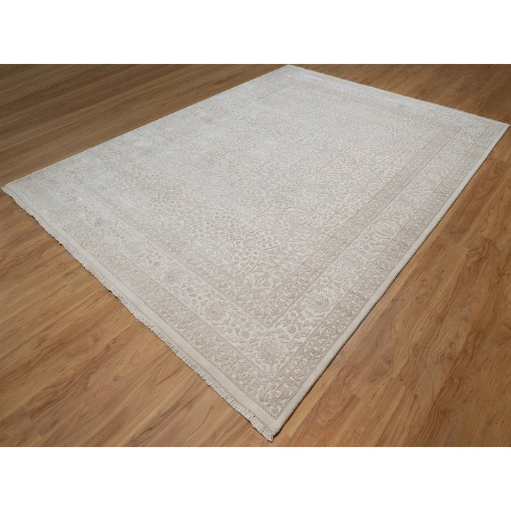 9'1" x 12'1" New Hand Knotted Ivory Wool & Silk Rectangle Oriental Rug - MOA10291365