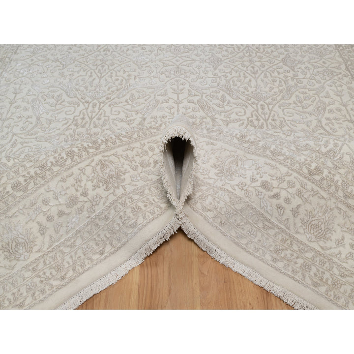 9'1" x 12'1" New Hand Knotted Ivory Wool & Silk Rectangle Oriental Rug - MOA10291365