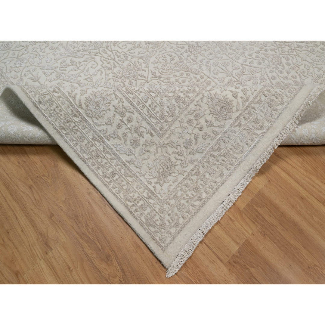 9'1" x 12'1" New Hand Knotted Ivory Wool & Silk Rectangle Oriental Rug - MOA10291365