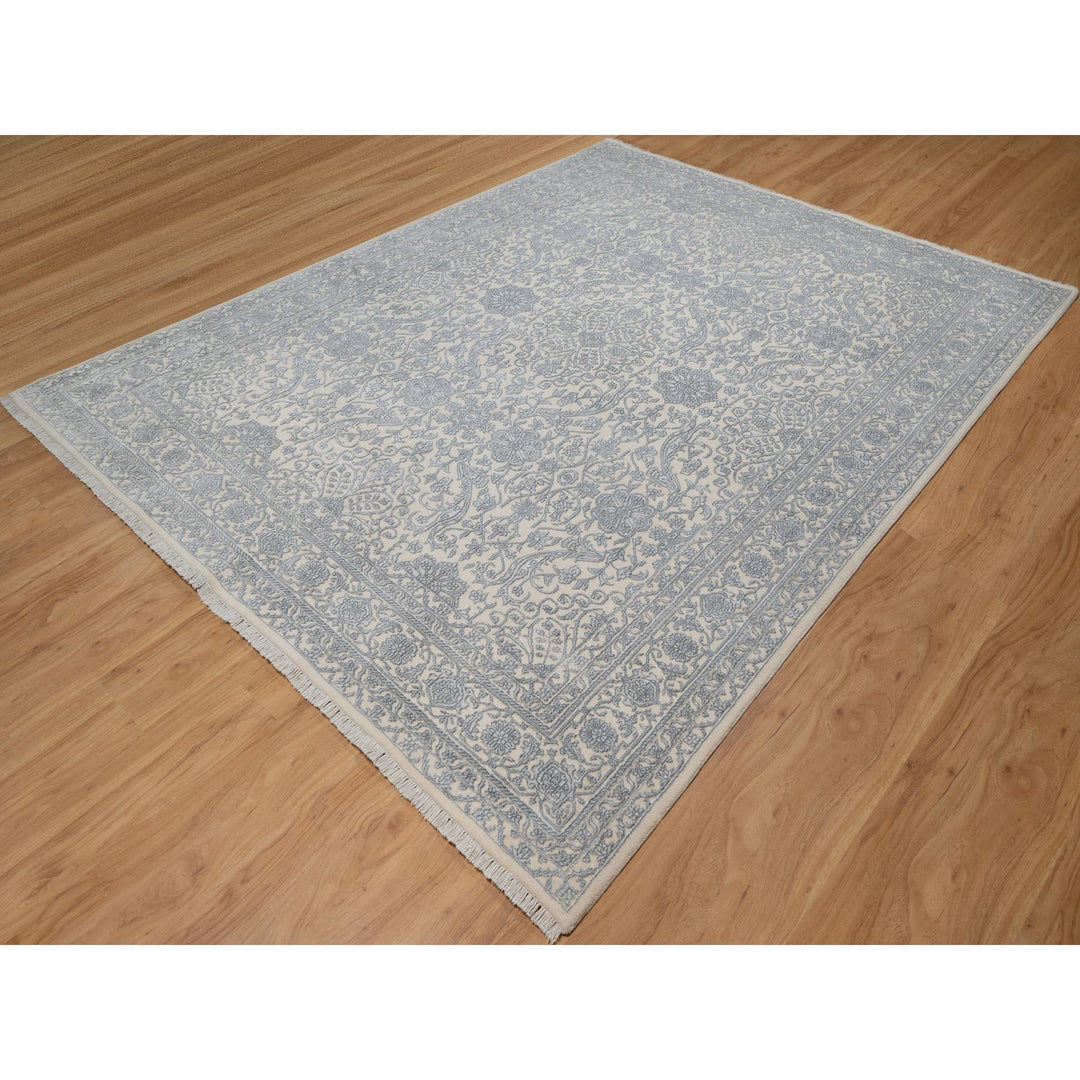 7'9" x 10'2" New Hand Knotted Ivory Wool & Silk Rectangle Oriental Rug - MOA10291366
