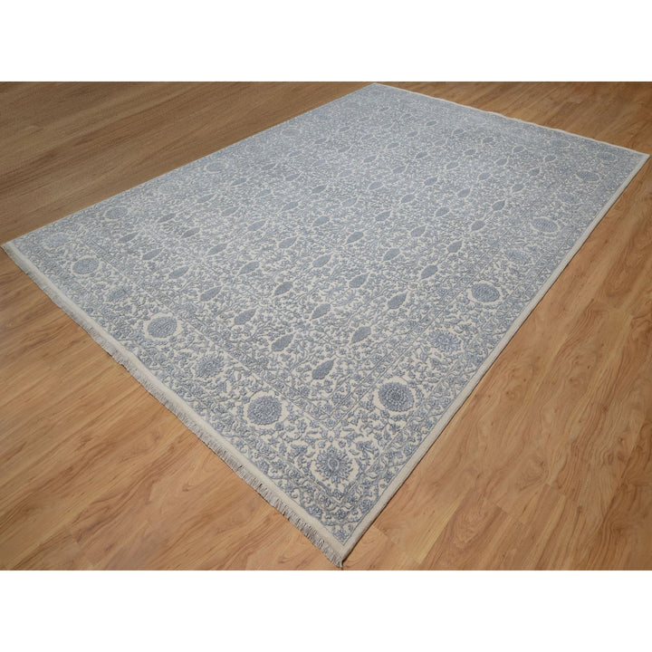 8'8" x 12'1" New Hand Knotted Ivory Wool & Silk Rectangle Oriental Rug - MOA10291367