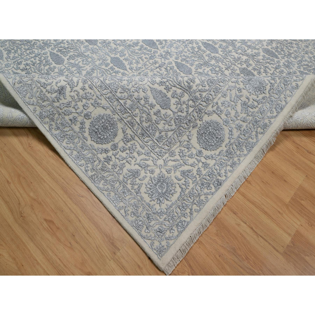 8'8" x 12'1" New Hand Knotted Ivory Wool & Silk Rectangle Oriental Rug - MOA10291367