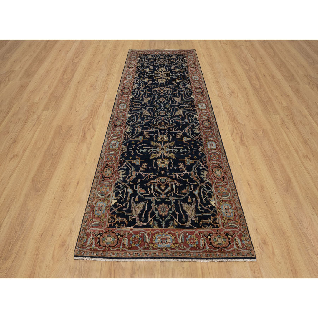 4'2" x 12'2" New Hand Knotted Blue Wool Runner Oriental Rug - MOA10291386