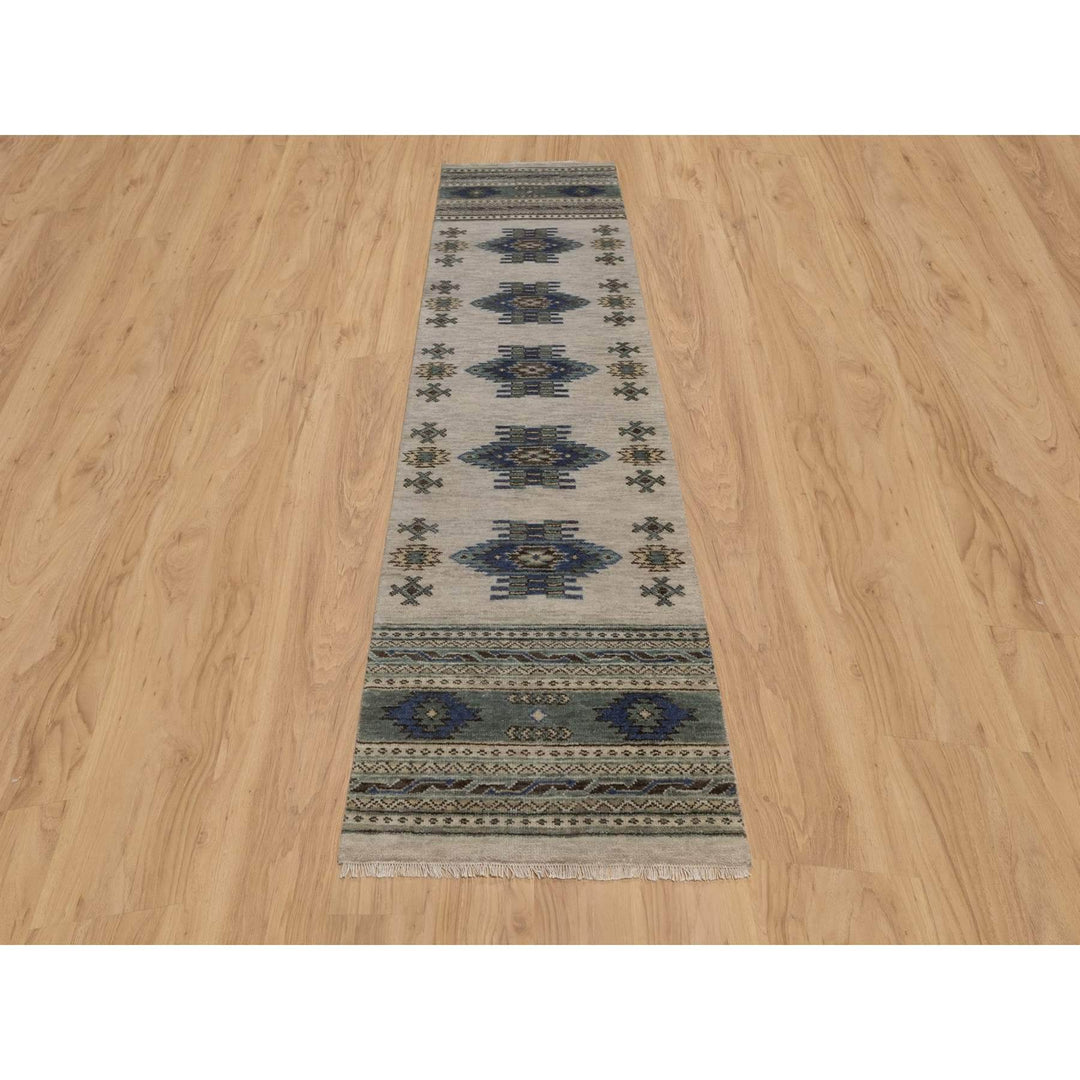 2'7" x 9'10" New Hand Knotted Grey Wool Runner Oriental Rug - MOA10291472