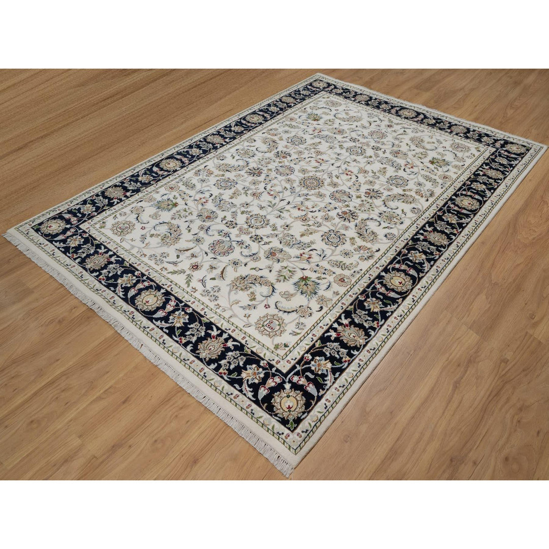6'2" x 9'0" New Hand Knotted Ivory Wool & Silk Rectangle Oriental Rug - MOA10291526
