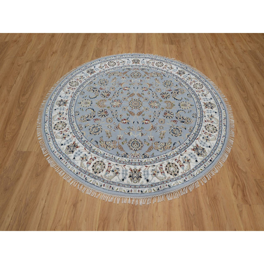 6'2" x 6'2" New Hand Knotted Blue Wool & Silk Round Oriental Rug - MOA10291541