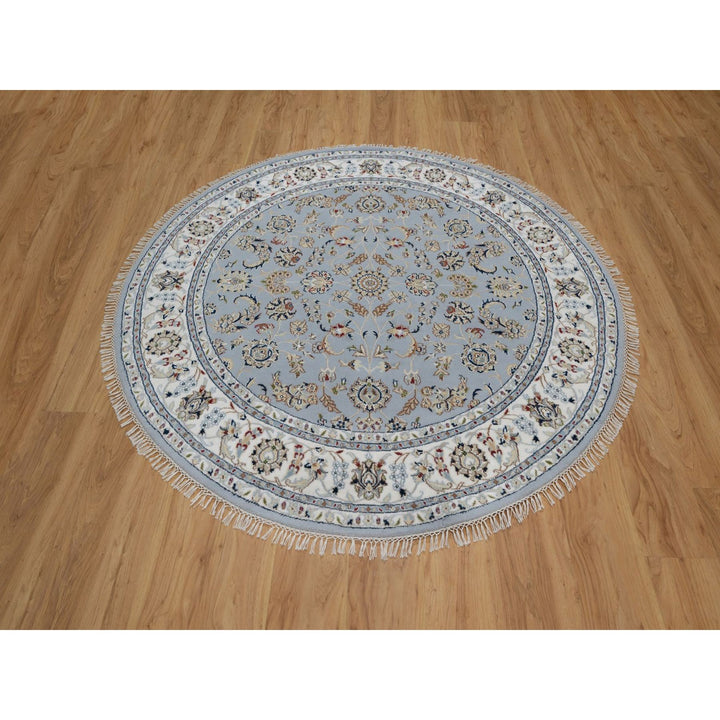 6'2" x 6'2" New Hand Knotted Blue Wool & Silk Round Oriental Rug - MOA10291541