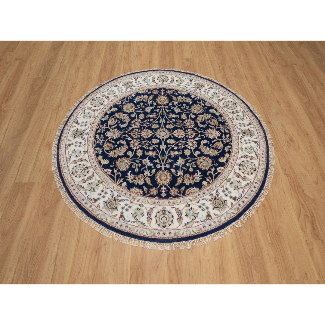 5'1" x 5'1" New Hand Knotted Blue Wool & Silk Round Oriental Rug - MOA10291556