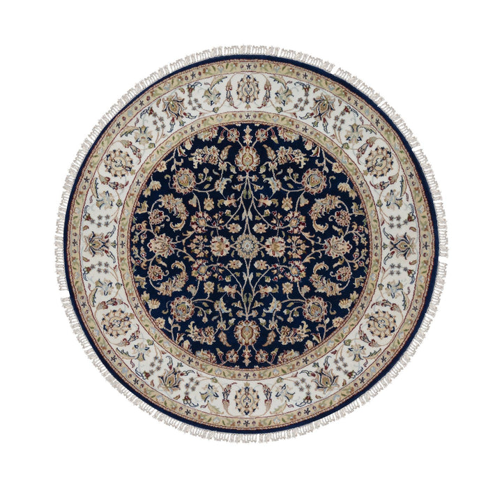 5'0" x 5'0" New Hand Knotted Blue Wool & Silk Round Oriental Rug - MOA10291557