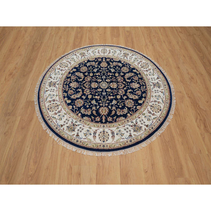5'0" x 5'0" New Hand Knotted Blue Wool & Silk Round Oriental Rug - MOA10291557