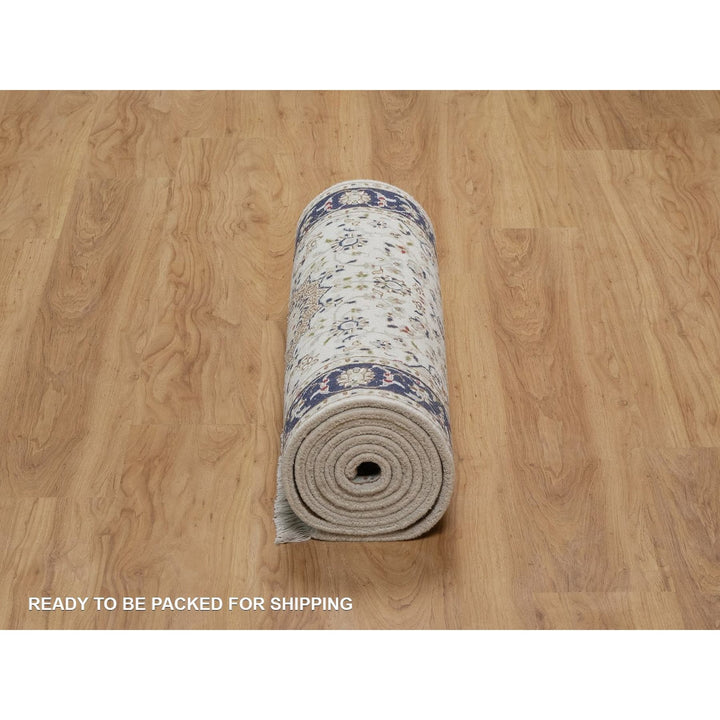 2'8" x 10'3" New Hand Knotted Ivory Wool & Silk Runner Oriental Rug - MOA10291559