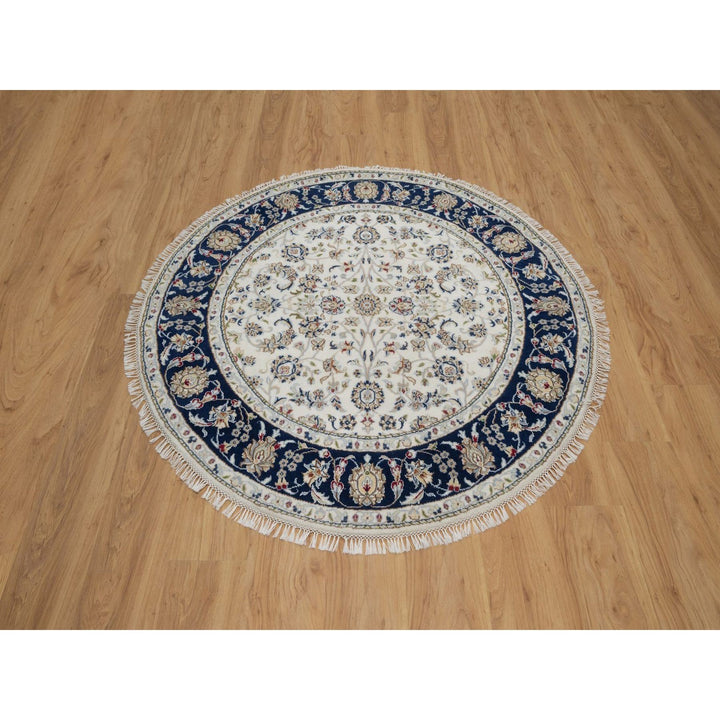 5'0" x 5'0" New Hand Knotted Ivory Wool & Silk Round Oriental Rug - MOA10291560