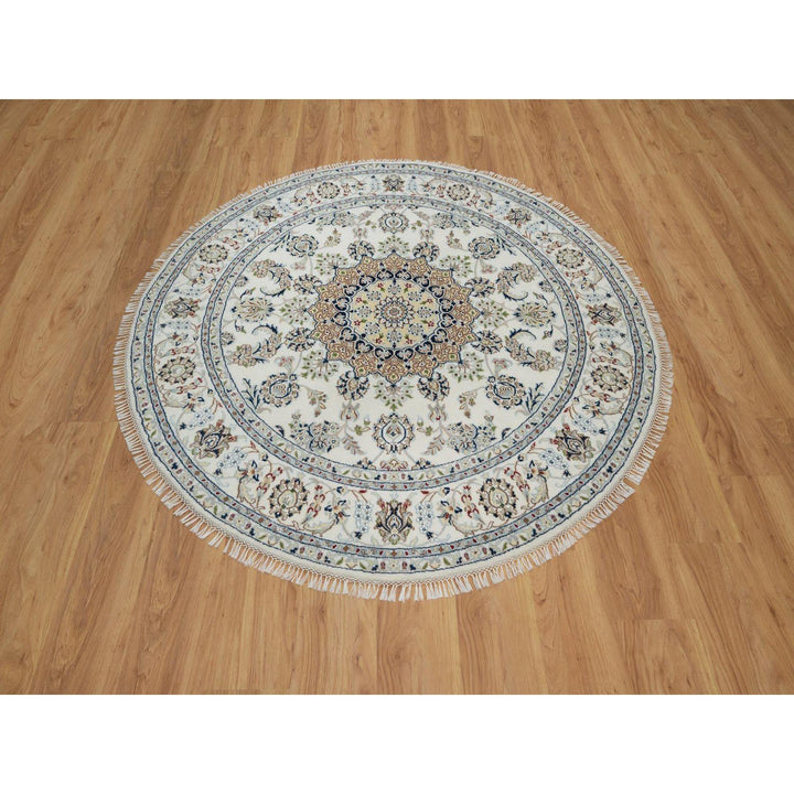 5'11" x 5'11" New Hand Knotted Ivory Wool & Silk Round Oriental Rug - MOA10291561