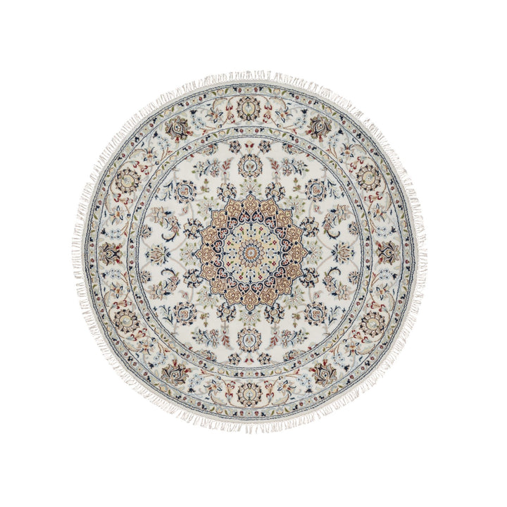 5'0" x 5'0" New Hand Knotted Ivory Wool & Silk Round Oriental Rug - MOA10291565