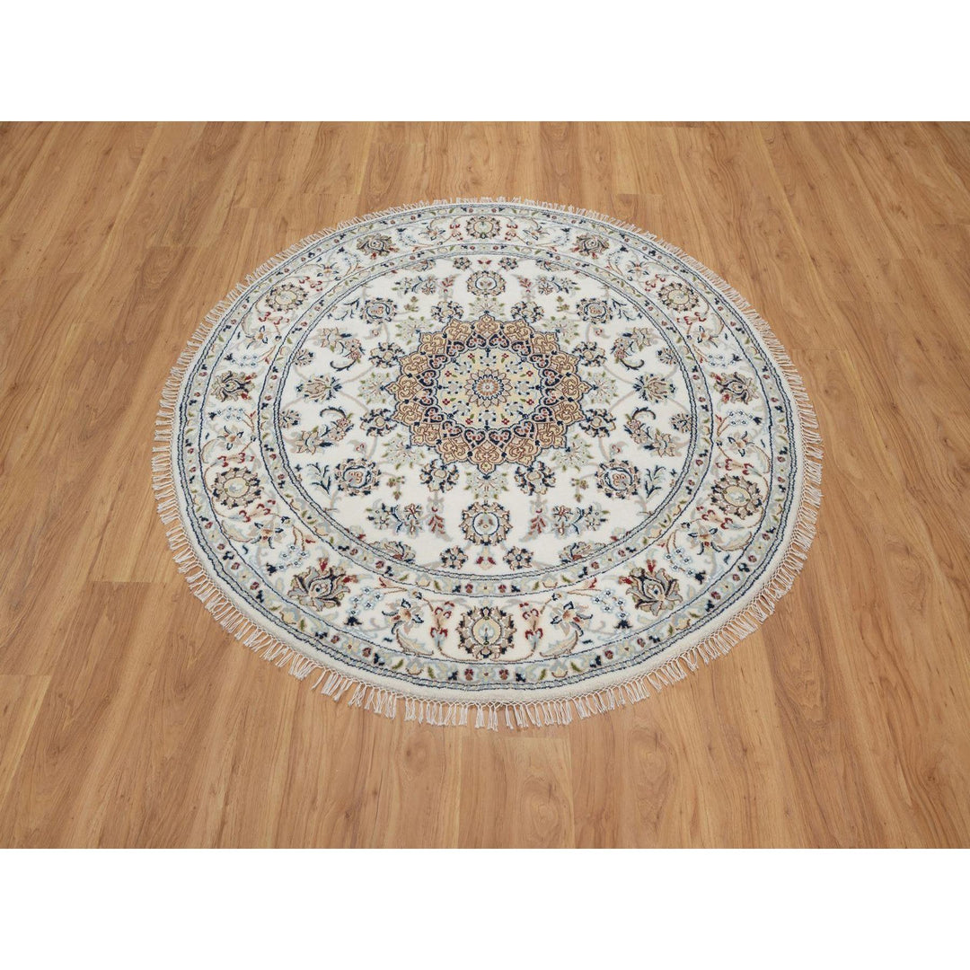 5'0" x 5'0" New Hand Knotted Ivory Wool & Silk Round Oriental Rug - MOA10291565
