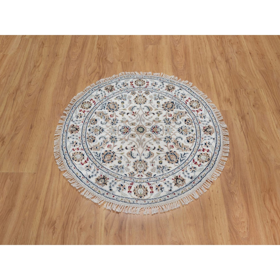 3'1" x 3'1" New Hand Knotted Ivory Wool & Silk Round Oriental Rug - MOA10291573