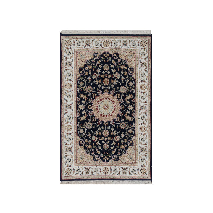 3'1" x 5'2" New Hand Knotted Blue Wool & Silk Rectangle Oriental Rug - MOA10291574