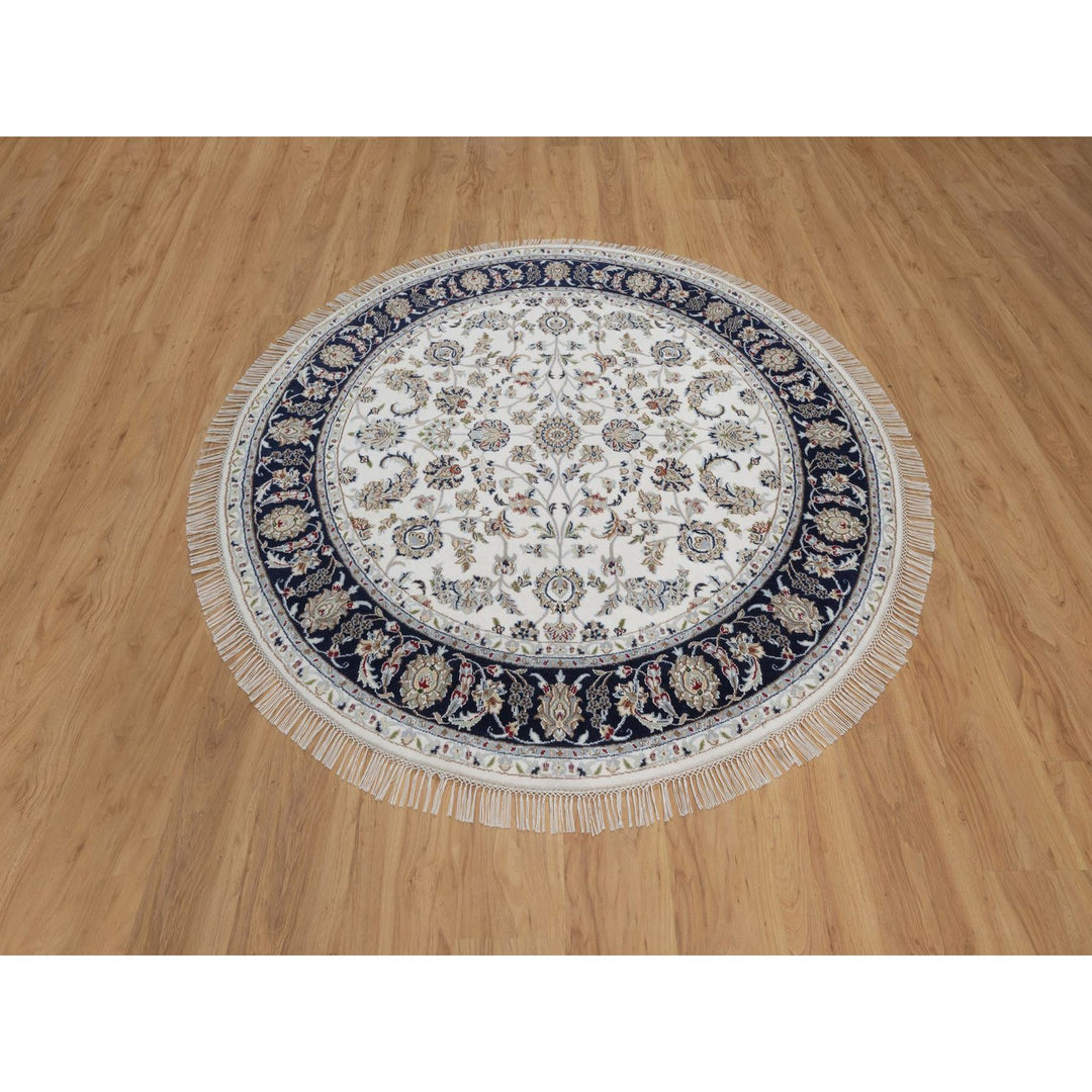 6'2" x 6'2" New Hand Knotted Ivory Wool & Silk Round Oriental Rug - MOA10291581