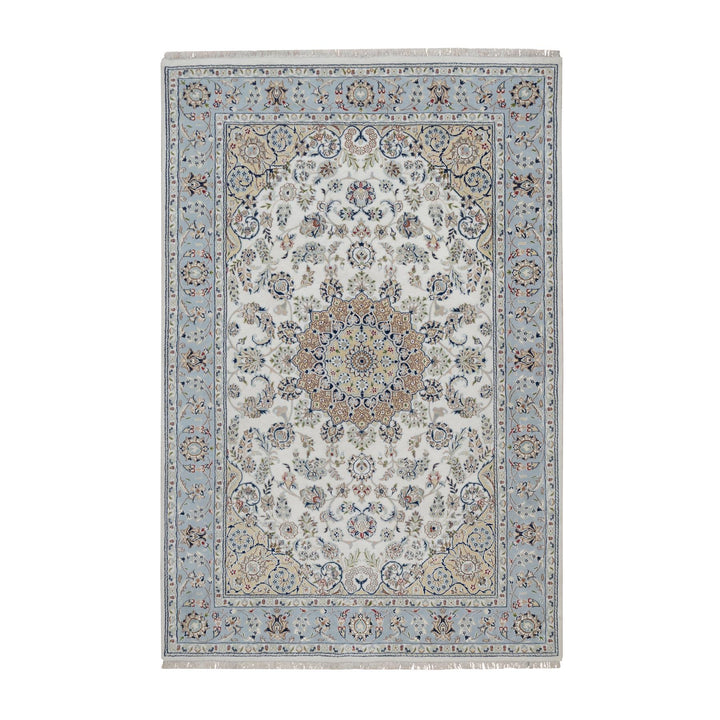 6'0" x 9'0" New Hand Knotted Ivory Wool & Silk Rectangle Oriental Rug - MOA10291586