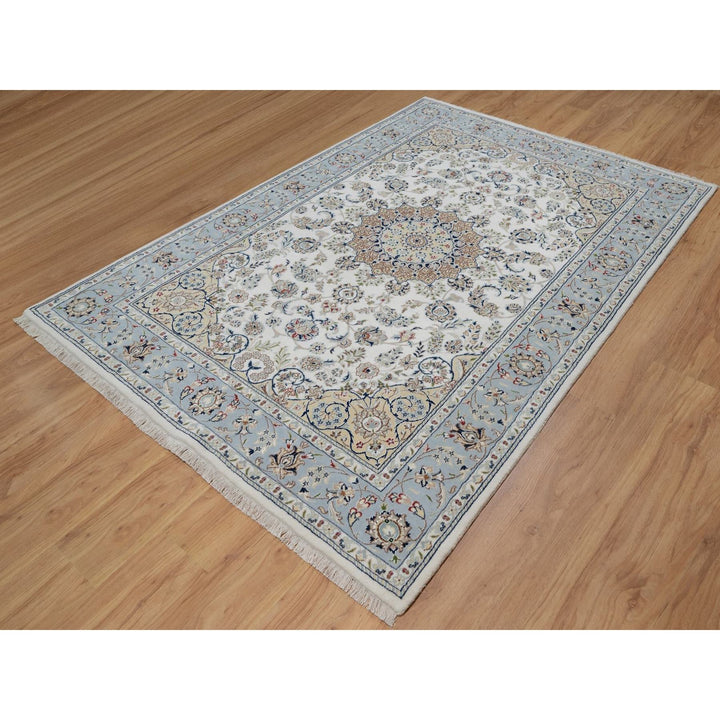6'0" x 9'0" New Hand Knotted Ivory Wool & Silk Rectangle Oriental Rug - MOA10291586