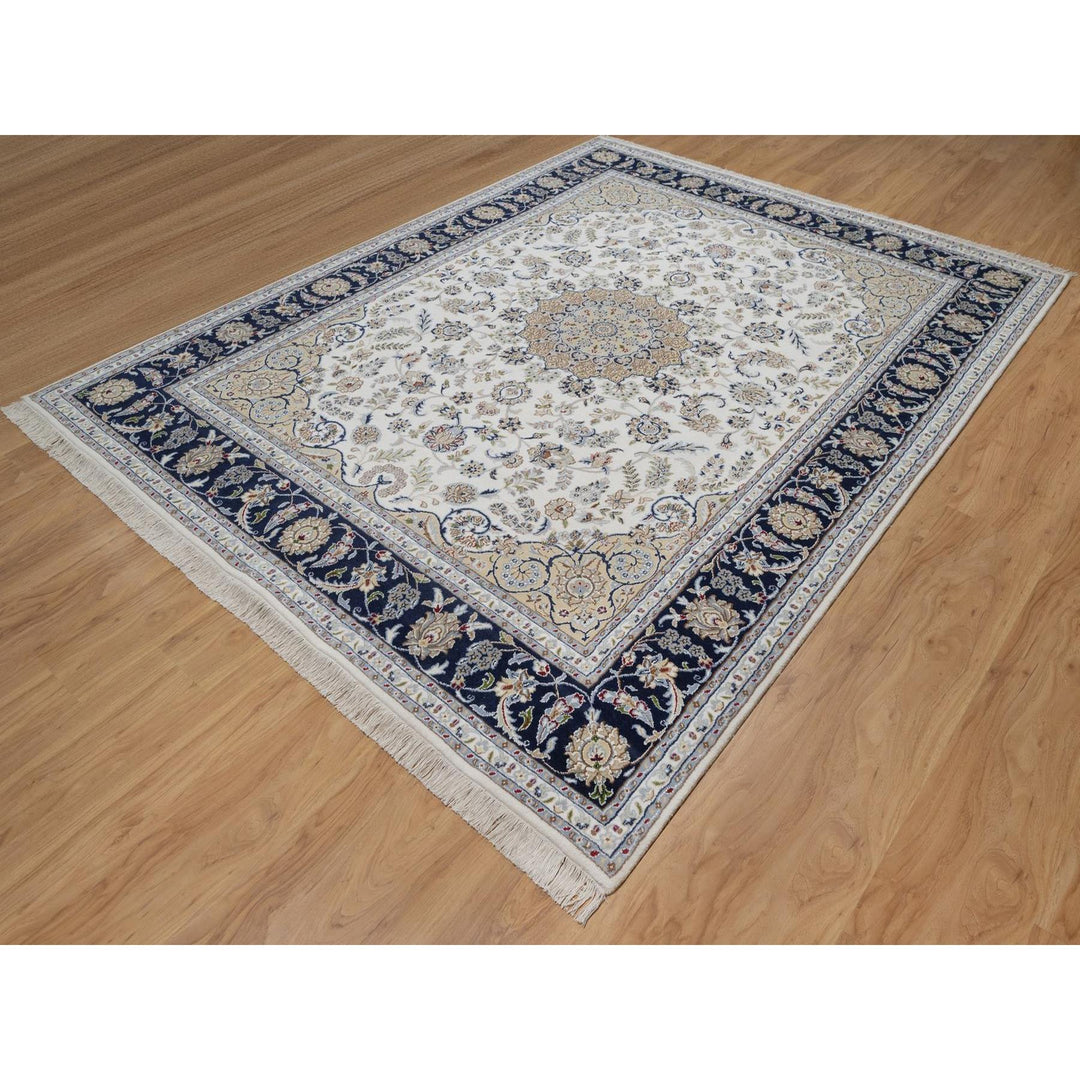 7'9" x 10'3" New Hand Knotted Ivory Wool & Silk Rectangle Oriental Rug - MOA10291589