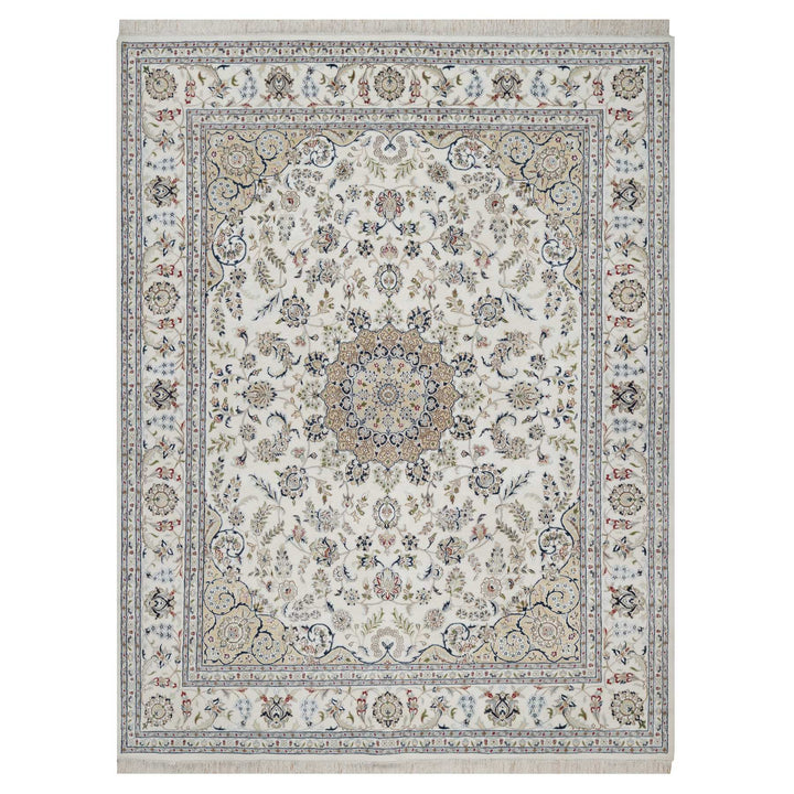 7'11" x 10'3" New Hand Knotted Ivory Wool & Silk Rectangle Oriental Rug - MOA10291598