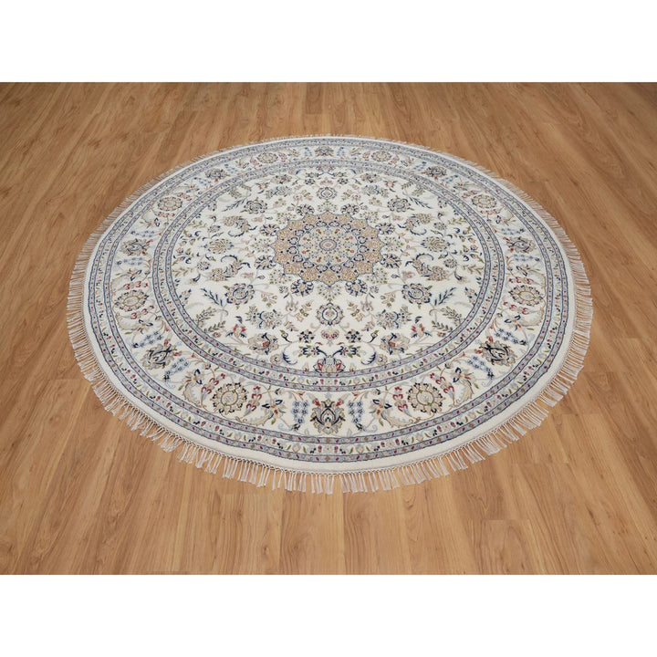 8'0" x 8'0" New Hand Knotted Ivory Wool & Silk Round Oriental Rug - MOA10291617