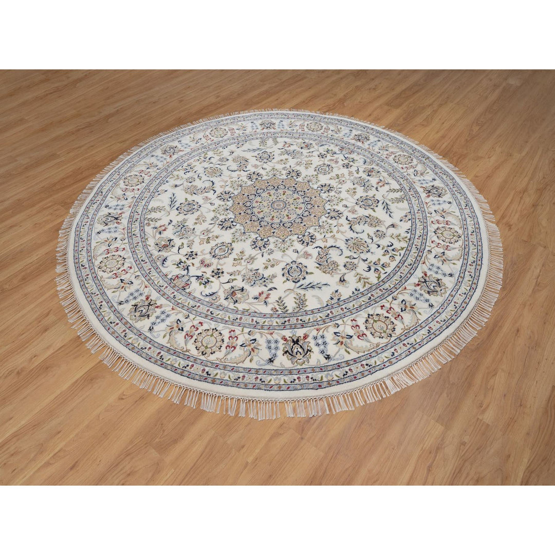 8'0" x 8'0" New Hand Knotted Ivory Wool & Silk Round Oriental Rug - MOA10291617