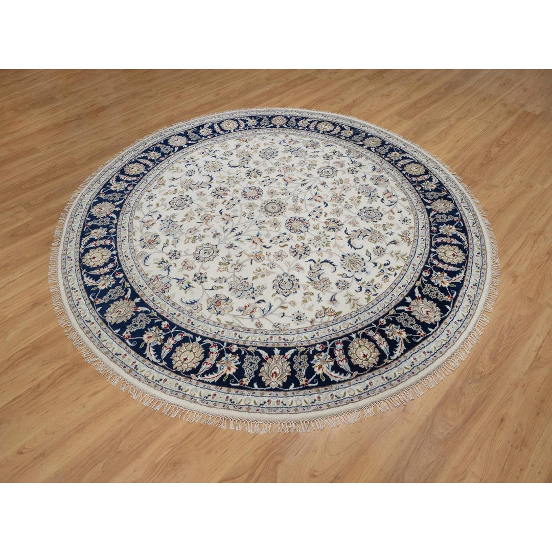 7'9" x 7'9" New Hand Knotted Ivory Wool & Silk Round Oriental Rug - MOA10291622