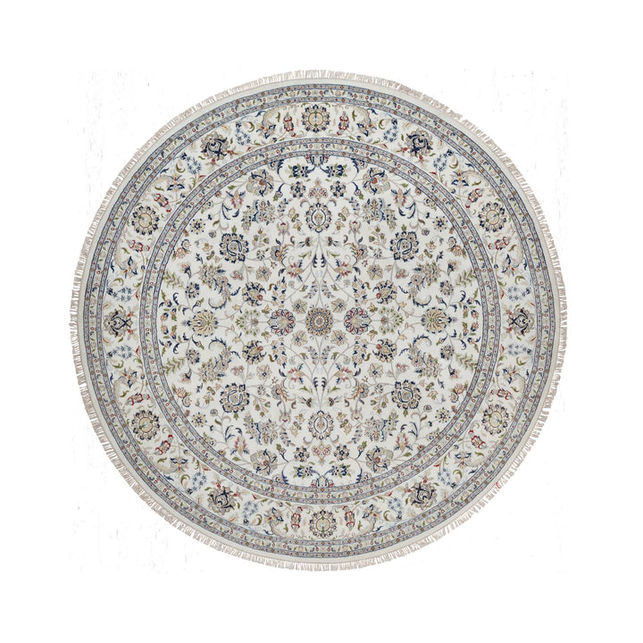 9'10" x 9'10" New Hand Knotted Ivory Wool & Silk Round Oriental Rug - MOA10291623
