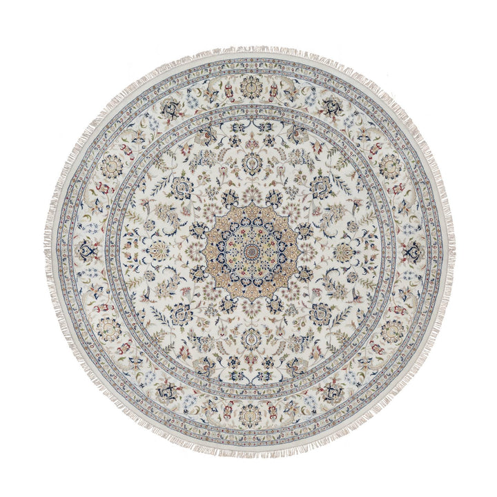 9'10" x 9'10" New Hand Knotted Ivory Wool & Silk Round Oriental Rug - MOA10291624
