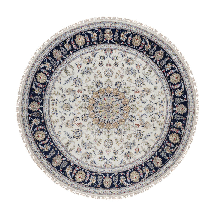 8'2" x 8'2" New Hand Knotted Ivory Wool & Silk Round Oriental Rug - MOA10291625