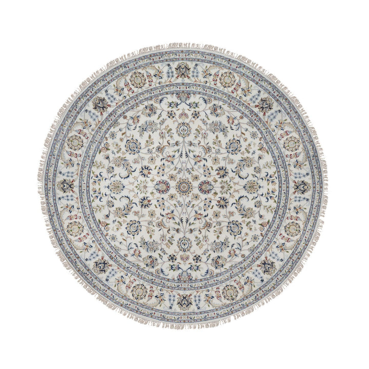7'10" x 7'10" New Hand Knotted Ivory Wool & Silk Round Oriental Rug - MOA10291626