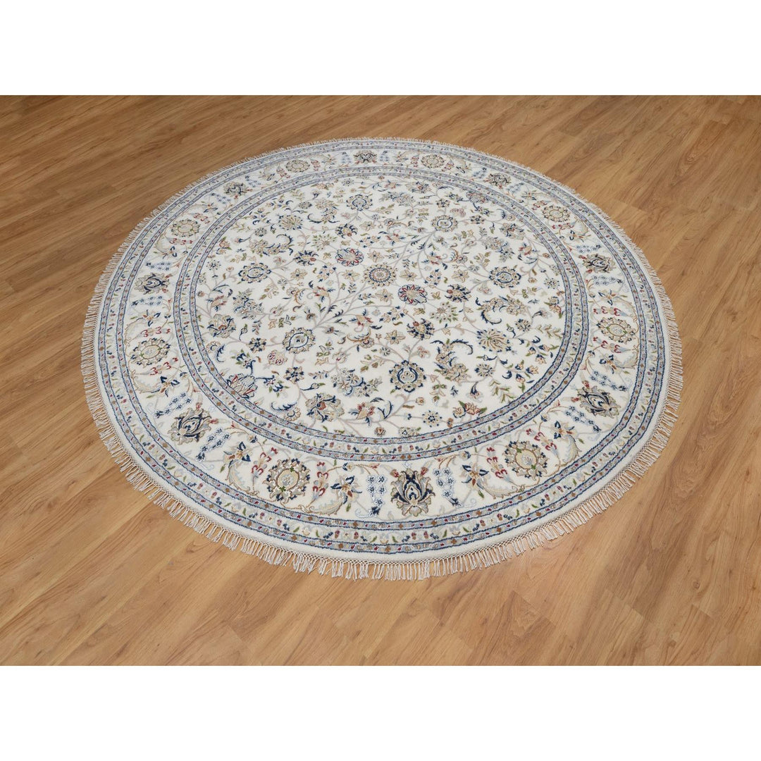 7'10" x 7'10" New Hand Knotted Ivory Wool & Silk Round Oriental Rug - MOA10291626