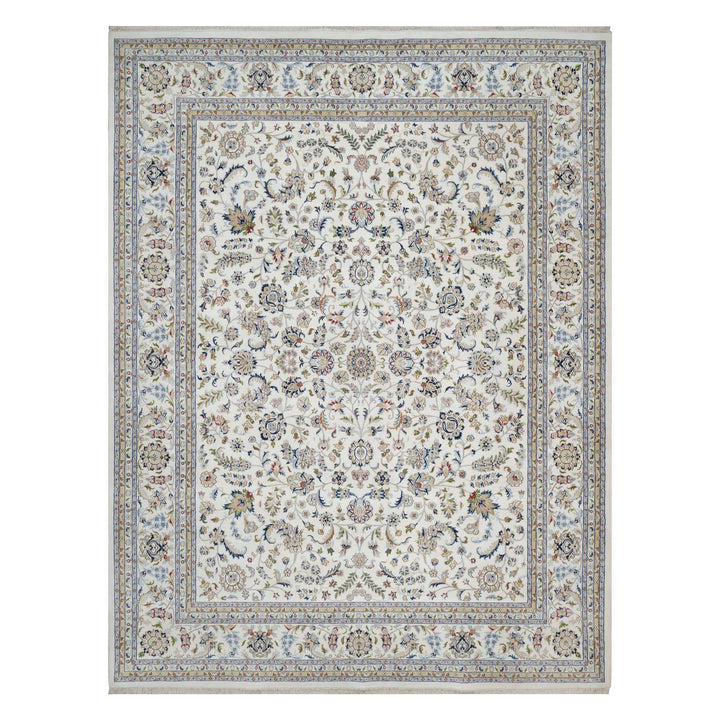 11'8" x 15'2" New Hand Knotted Ivory Wool & Silk Rectangle Oriental Rug - MOA10291634