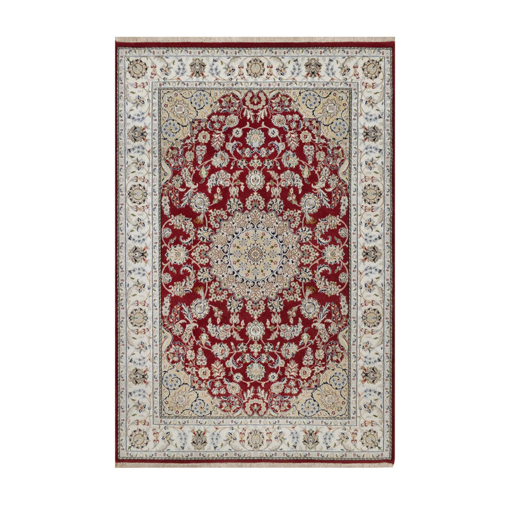 6'0" x 9'0" New Hand Knotted Red Wool & Silk Rectangle Oriental Rug - MOA10291641