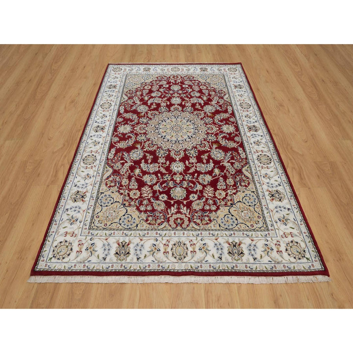 6'0" x 9'0" New Hand Knotted Red Wool & Silk Rectangle Oriental Rug - MOA10291641