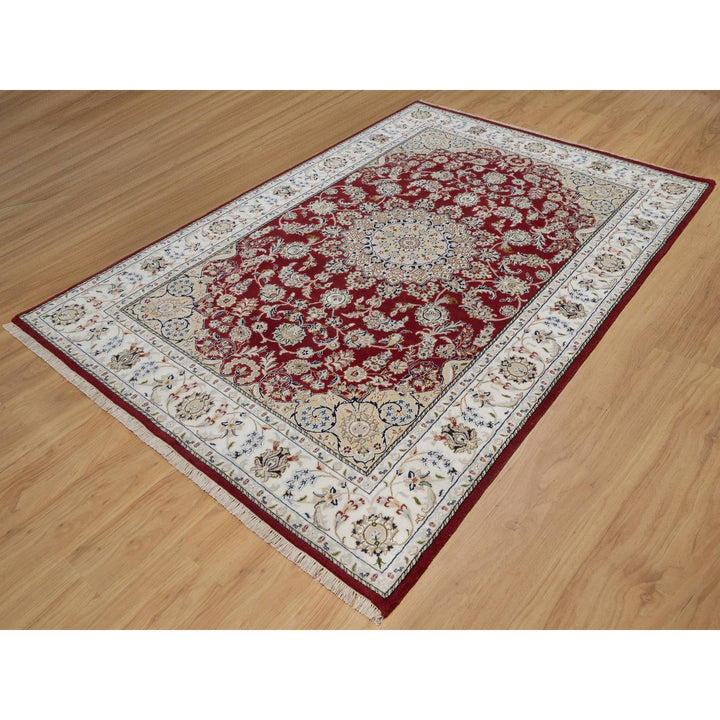 6'0" x 9'0" New Hand Knotted Red Wool & Silk Rectangle Oriental Rug - MOA10291641