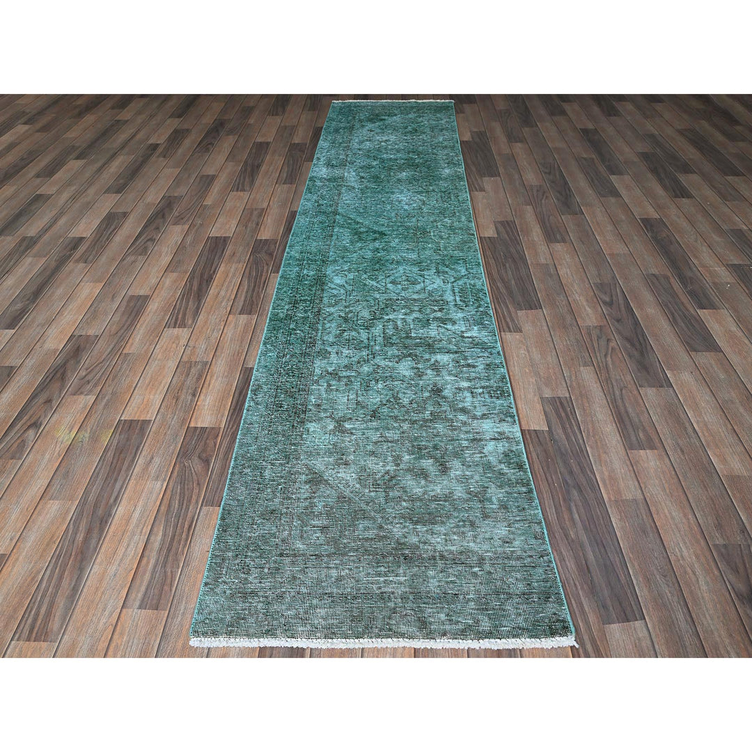 2'4" x 10'2" Vintage Hand Knotted Green Wool Runner Oriental Rug - MOA102942
