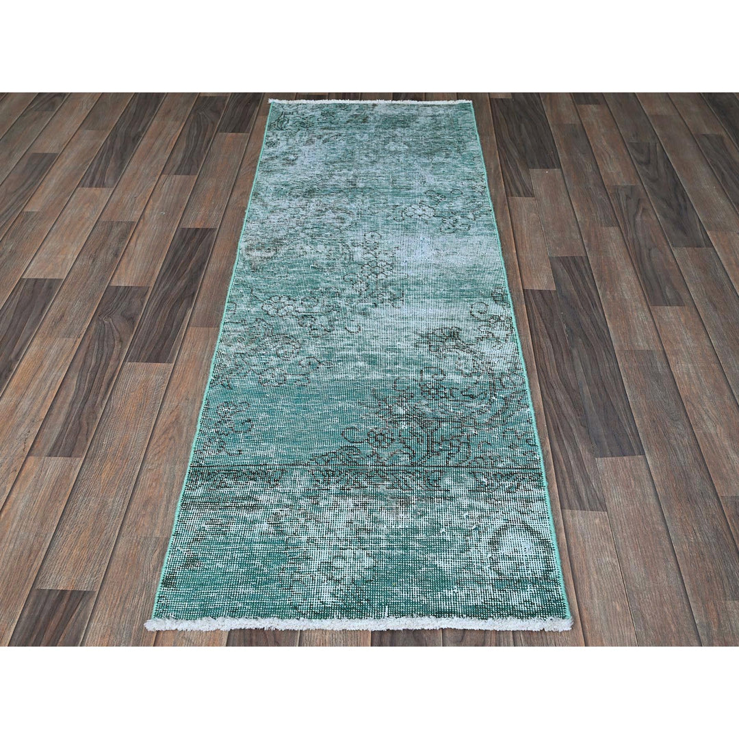 1'11" x 5'7" Vintage Hand Knotted Green Wool Runner Oriental Rug - MOA102963