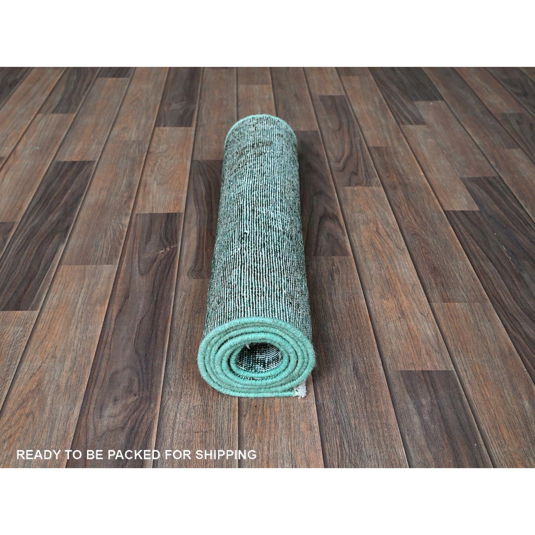 1'11" x 5'7" Vintage Hand Knotted Green Wool Runner Oriental Rug - MOA102963